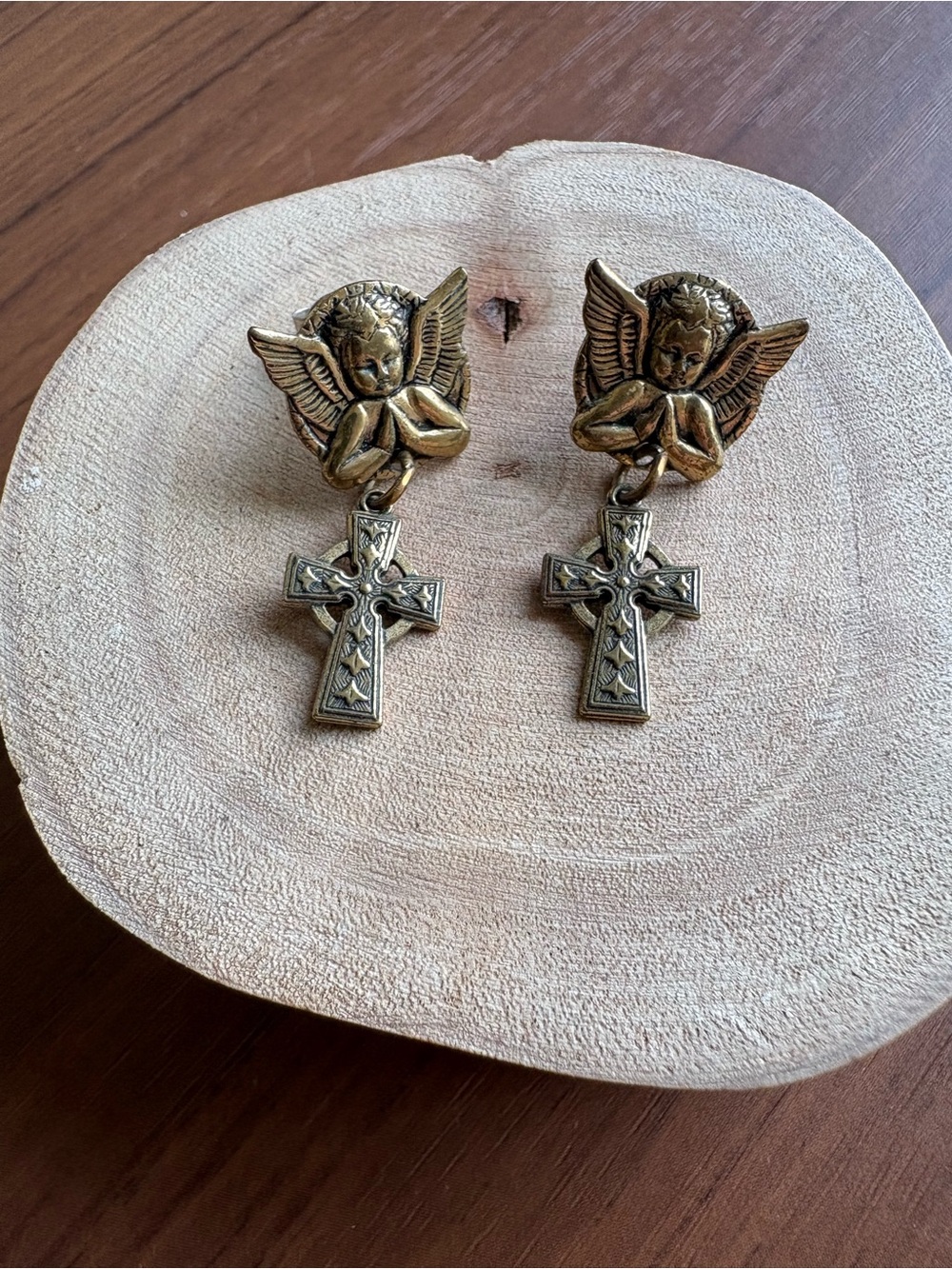 Angel Drop Cross Earrings - Antiqued Gold Tone